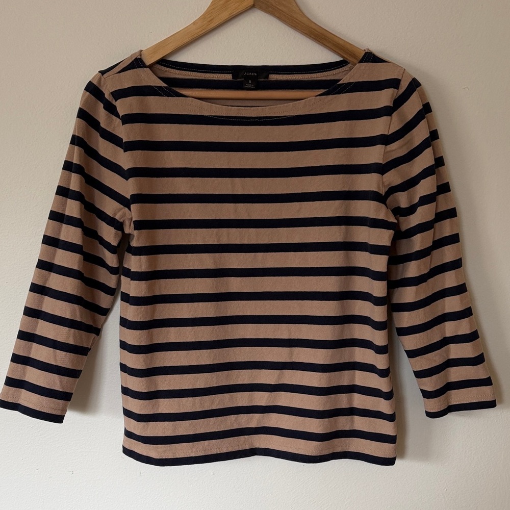 J CREW Striped Boatneck Long-Sleeve Top - Beige & Navy